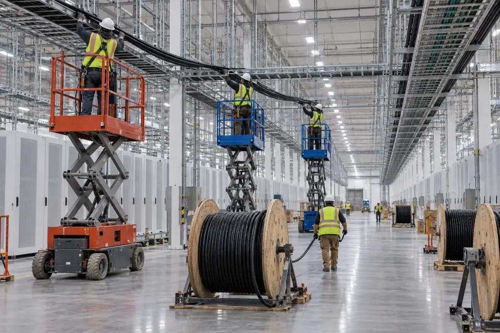 Electricians on scissor lifts pulling feeder cable along overhead cable trays in a data hall under construction, with cable reels on the floor